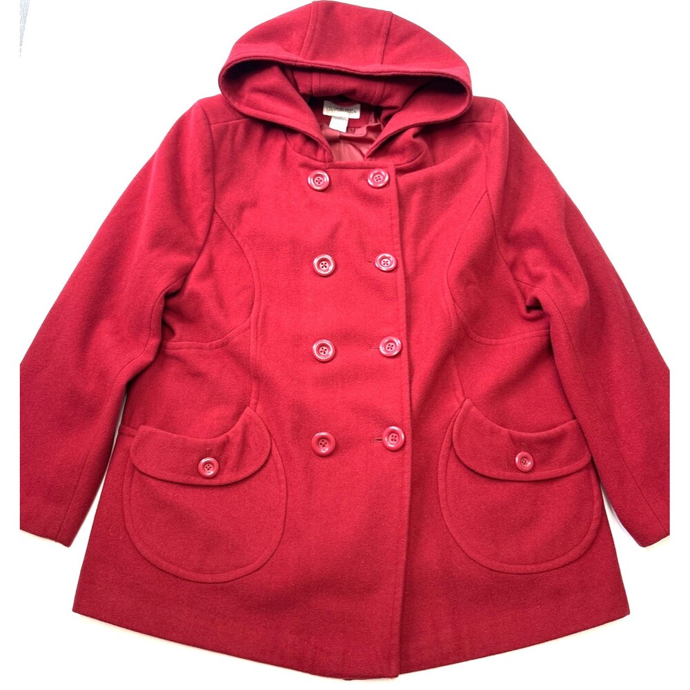 Charles Klein Womens Red Wool Blend Hooded Coat Double Breasted Plus Size 20